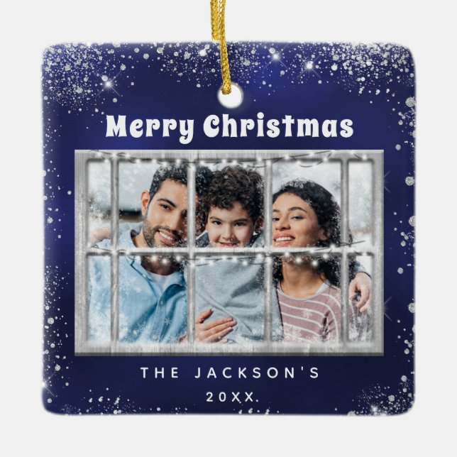 Ornamento De Cerâmica Janela de inverno da foto da neve azul-prata (Frente)