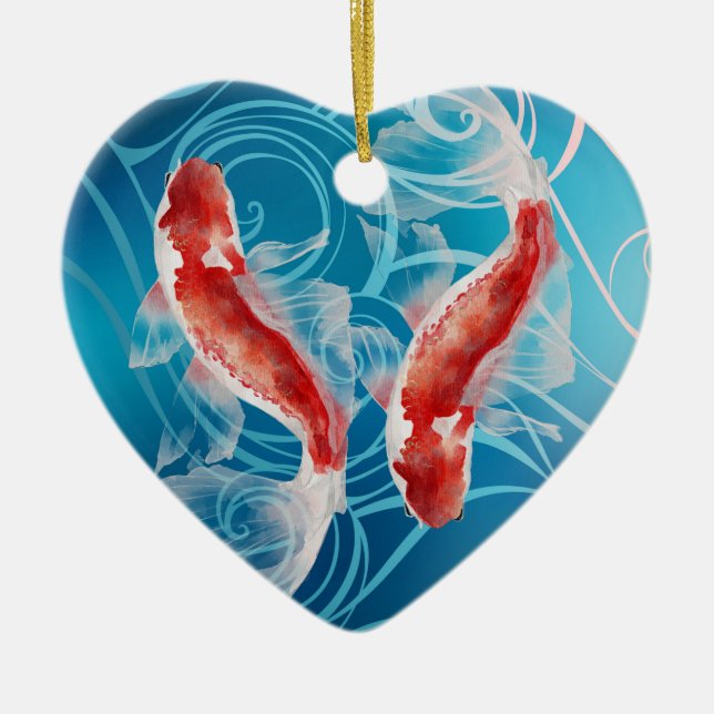 Ornamento De Cerâmica Japonês Koi Fish Oriental Waves Casais Natal (Frente)