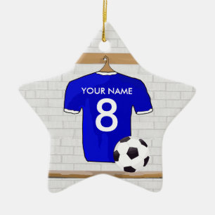 Ornamento De Cerâmica Jérsei de futebol branco azul personalizado do