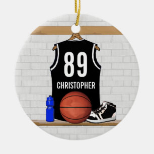 Ornamento De Cerâmica Jérsei preto e branco personalizado do basquetebo