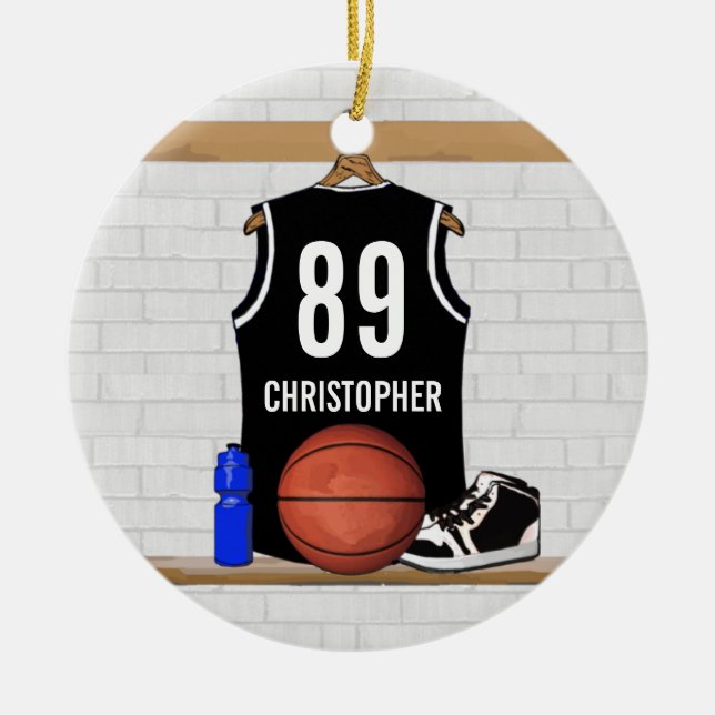 Ornamento De Cerâmica Jérsei preto e branco personalizado do basquetebol (Frente)