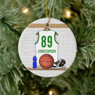 Ornamento De Cerâmica Jérsei verde branco personalizado do basquetebol