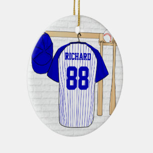Ornamento De Cerâmica Jersey Blue e White Baseball personalizados