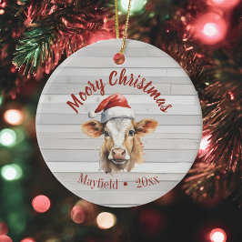 Ornamento De Cerâmica Jersey Cow, Barn Wood, "Moory Christmas"