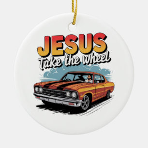 Ornamento De Cerâmica Jesus Assume o Volante Carro Musculoso Vintage