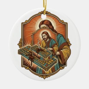 Ornamento De Cerâmica Jesus Café Derrama Teclado Mecânico Quebrado Tecno