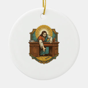 Ornamento De Cerâmica Jesus Derrubou Caneta Atrás de Pesada Mesa Humor D