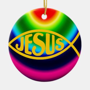 ORNAMENTO DE CERÂMICA JESUS FISH ICHTHYS CRISTO RAINBOW
