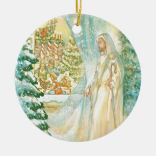 Ornamento De Cerâmica Jesus no Natal que olha com o véu da neve