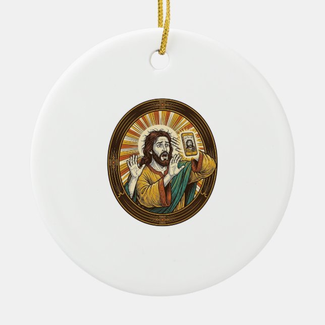 Ornamento De Cerâmica Jesus Selfie Acidental com Câmera Frontal e Papada (Frente)