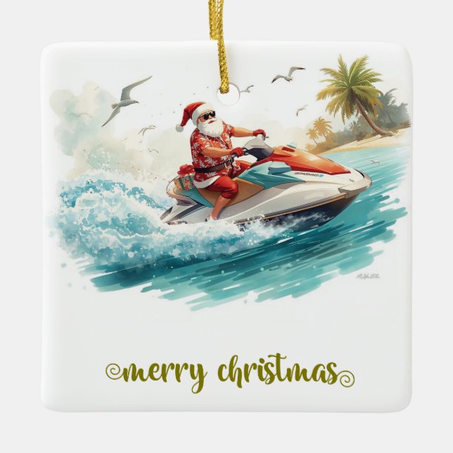 Ornamento De Cerâmica Jet Ski Christmas Holiday with Santa Claus (Frente)