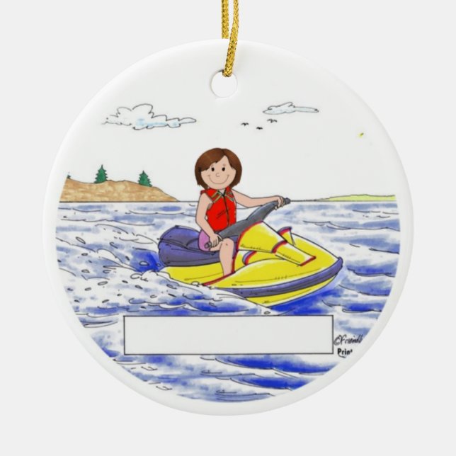 Ornamento De Cerâmica Jet Skier Personalizado - Mulher, Cabelo Castanho (Frente)