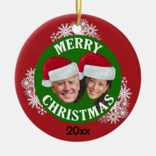 Ornamento De Cerâmica Joe Biden Kamala Harris 2020 com Santa Hats & Snow