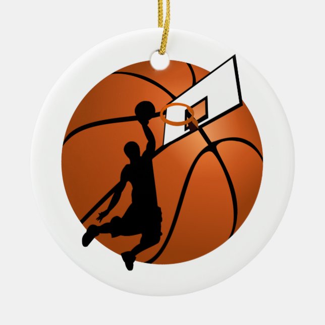 Ornamento De Cerâmica Jogador de Basquete Slam Dunk com Hoop na Bola (Frente)