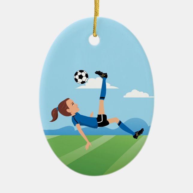 Ornamento De Cerâmica Jogador de futebol da menina personalizado (Frente)