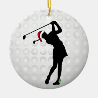 Ornamento De Cerâmica Jogador de golfe feliz personalizado da mulher de