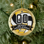 Ornamento De Cerâmica Jogador de Voleibol Maior do Mundo - Amarelo<br><div class="desc">🥇 UM DESIGN DE ARTE DE DIREITOS AUTORAIS ORIGINAL, DE Donna Siegrist, DISPONÍVEL SOMENTE NO ZAZZLE! O Enfeites de natal do jogador de voleibol pronto para você personalizar. Apresentado em cores laranja, preto e dourado pronto para adicionar seu número, ano e nome e dizer se você precisa alterá-lo. Um presente...</div>