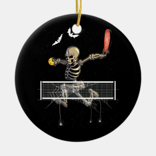 Ornamento De Cerâmica Jogador do Skeleton do Pickleball Fan Halloween Pi (Frente)