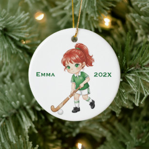 Ornamento De Cerâmica Jogadora de Hóquei de Campo Personalizada (Cabelo