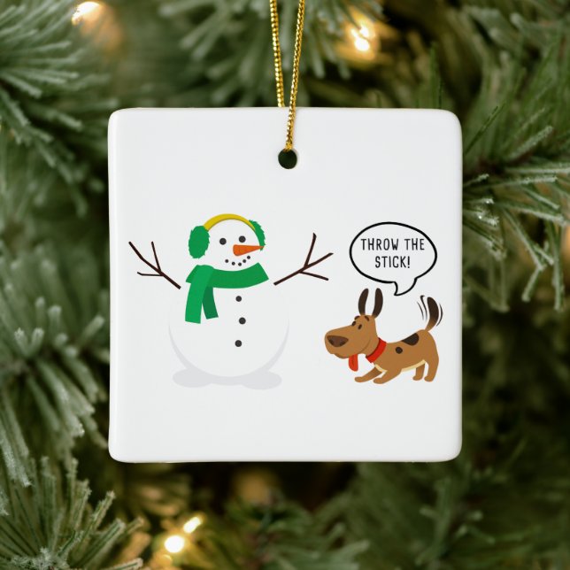 Ornamento De Cerâmica Jogue o Stick Snowman e Cachorro Feliz Natal (Árvore)