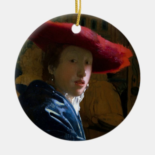 Ornamento De Cerâmica Johannes Vermeer - Rapariga com Chapéu Vermelho (Frente)