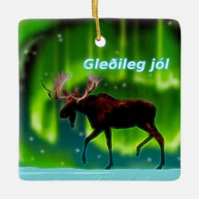 Ornamento De Cerâmica Jól de Gleðileg - alce da aurora boreal (Frente)