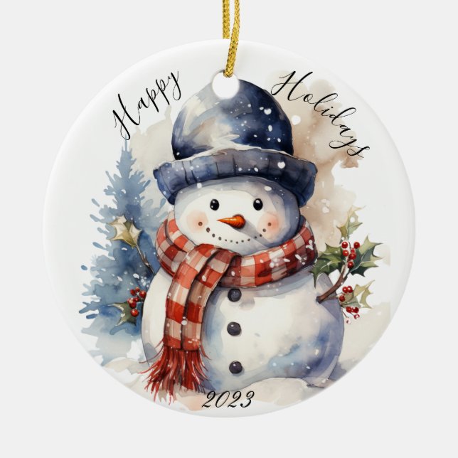 Ornamento De Cerâmica Jolly Christmas Snowman Holiday Ornament (Frente)
