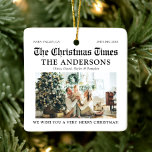 Ornamento De Cerâmica Jornal Único Que Foto De Ano<br><div class="desc">O Jornal Único Que Um Ano de Ornament Cerâmico Foto de Natal é uma encantadora lembrança do seu ano. Estimulado como um jornal clássico, este ornamento apresenta uma foto personalizada e destaca seus momentos mais memoráveis, fazer-o uma adição única ao seu decoro de feriado. Perfeito para doar ou adicionar à...</div>