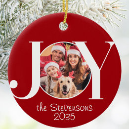 Ornamento De Cerâmica Joy Family Photo Red Christmas