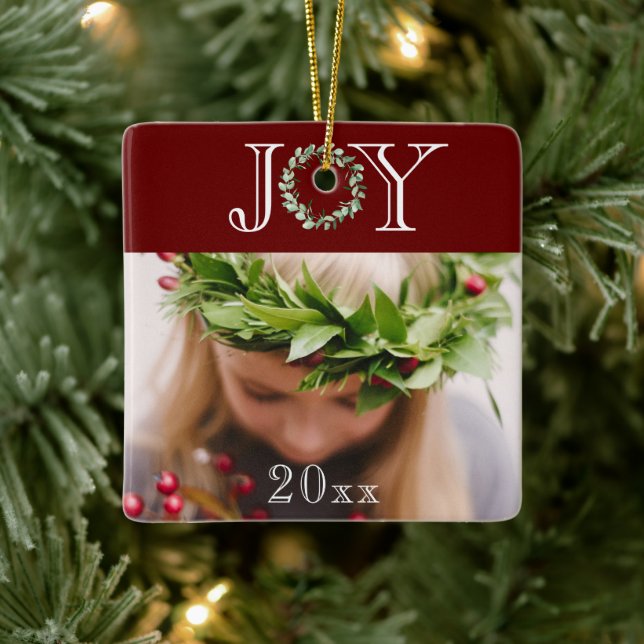 Ornamento De Cerâmica Joy Foto Personalizada Natal Vermelho (Árvore)