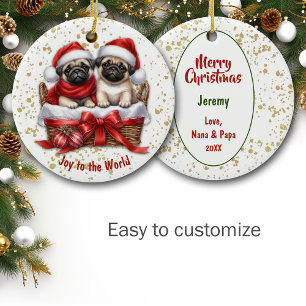 Ornamento De Cerâmica Joy to the World Pug Puppies in Basket