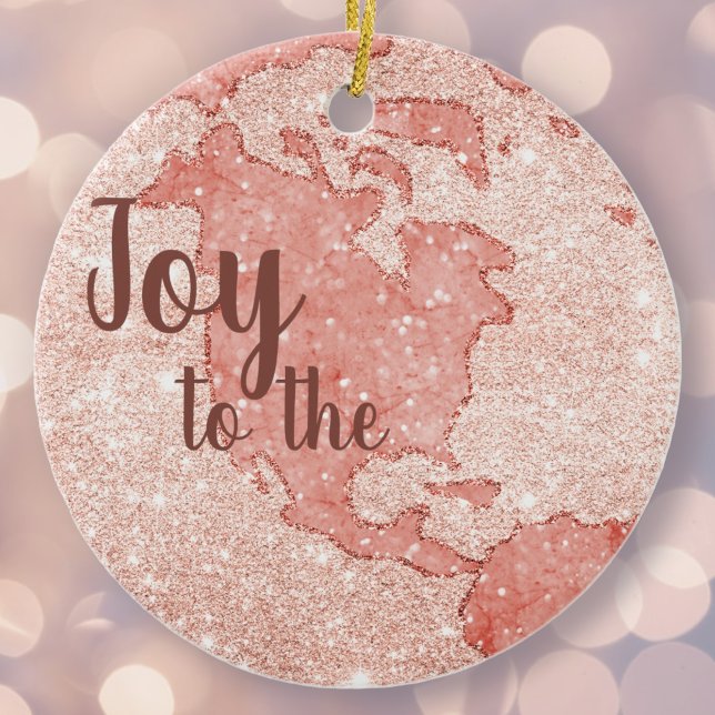 Ornamento De Cerâmica Joy To The World Rosa Dourada Glitter Pink Christm (Criador carregado)