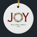 Ornamento De Cerâmica Joy Watercolor Christmas Wreath Family Name<br><div class="desc">Linda Aquarela verde e coroa estrelada "Joy" ornamento personalizado</div>