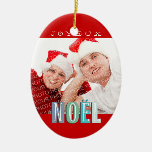 Ornamento De Cerâmica Joyeux Noel funky azul vermelho natal