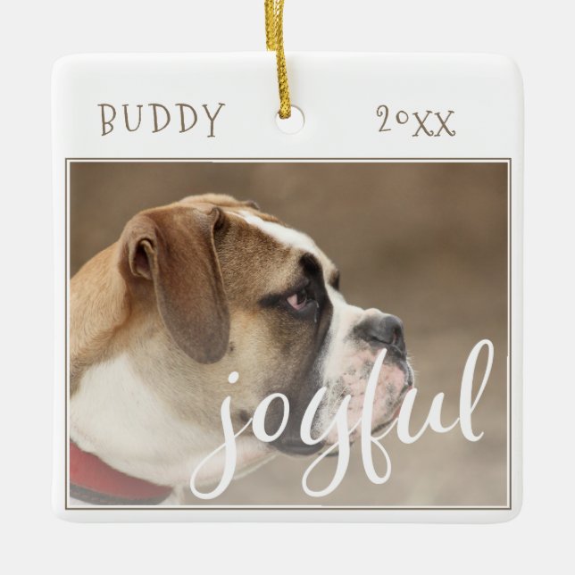 Ornamento De Cerâmica Joyful Script Dog Pet Photo de Natal (Frente)