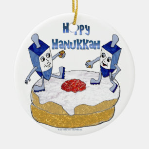 Ornamento De Cerâmica Judaica Feliz Hanukkah Dreidels Dançantes Donut