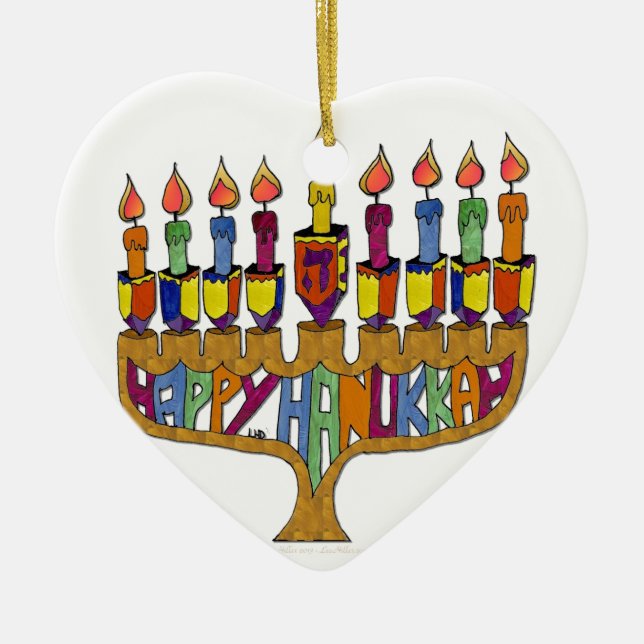 Ornamento De Cerâmica Judaica Happy Hanukkah Dreidel Menorah (Frente)