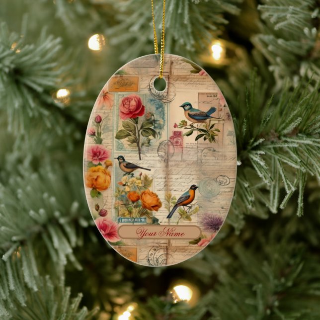 Ornamento De Cerâmica Junk Journal Seite mit Blumen + Vögel -  (Árvore)