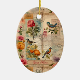 Ornamento De Cerâmica Junk Journal Seite mit Blumen + Vögel -