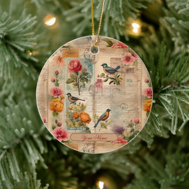 Ornamento De Cerâmica Junk Journal Seite mit Blumen + Vögel -  (Árvore)