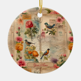 Ornamento De Cerâmica Junk Journal Seite mit Blumen + Vögel -