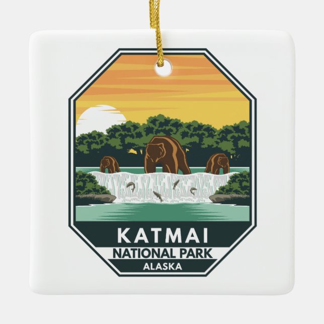 Ornamento De Cerâmica Katmai National Park Grizzly Bears Retro Emblem (Frente)