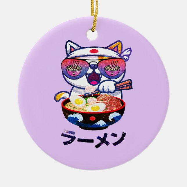 Ornamento De Cerâmica Kawaii Cat Comendo Ramen Noodles (Frente)