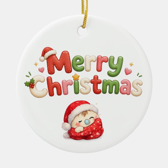 Ornamento De Cerâmica Kawaii Feliz Natal (Frente)
