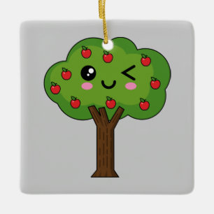 Ornamento De Cerâmica Kawaii Happy Winking Apple Tree