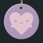 Ornamento De Cerâmica Kawaii Heart Hugs<br><div class="desc">Um coração feliz que ama dar abraços e fazer tudo um pouco melhor. Pia de Pastel sobre fundo roxo.</div>