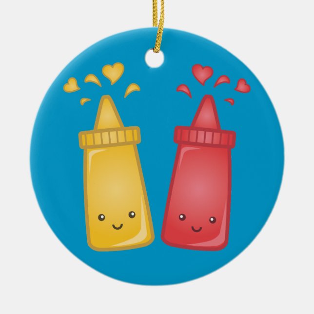 Ornamento De Cerâmica Kawaii Mustard e Ketchup Love (Frente)