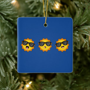 Ornamento De Cerâmica Kawaii Sun com óculos Sunglass Happy Emoji Faces