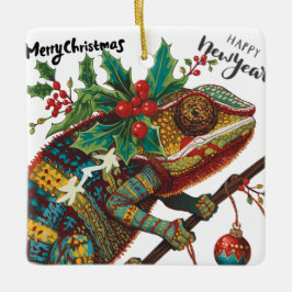 Ornamento De Cerâmica Keep Calm and Merry On Holiday Chameleon Ornament