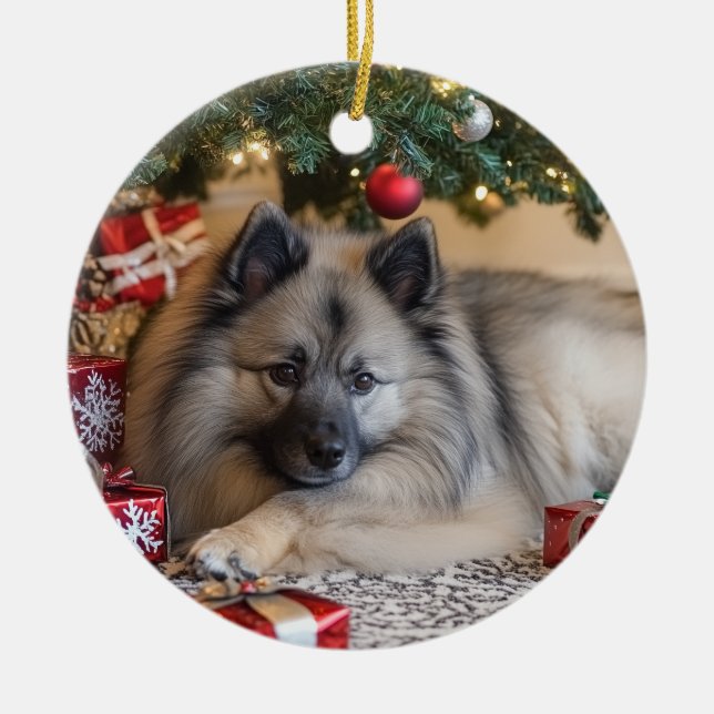 Ornamento De Cerâmica Keeshond Christmas (Frente)
